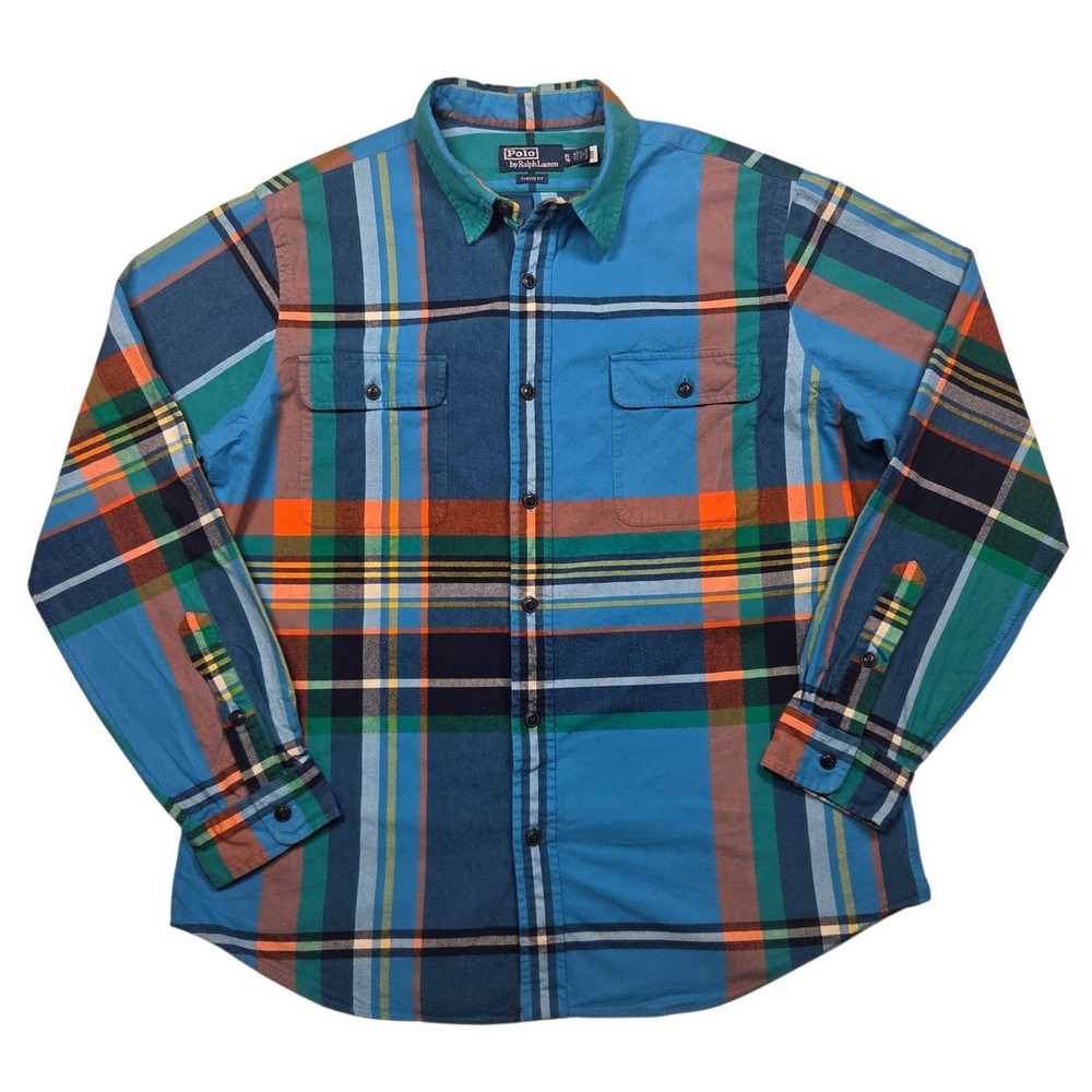Polo Ralph Lauren Flannel Shirt Men XL Blue Plaid Classic Fit Button Down Cotton